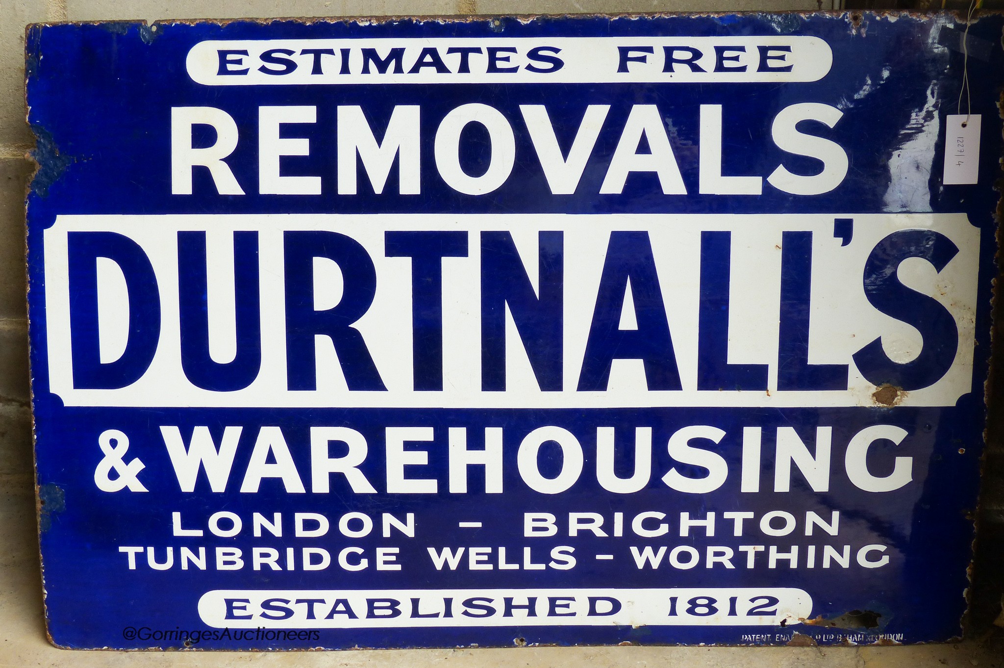 'Durtnalls Removals', a blue and white enamelled sign. (Brighton) W-102, H-69cm.